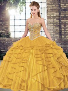 Modern Sleeveless Tulle Floor Length Lace Up 15th Birthday Dress in Gold with Beading and Ruffles