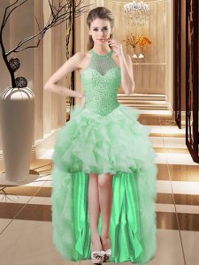 Decent Apple Green Lace Up Halter Top Beading and Ruffles Homecoming Dress Tulle Sleeveless