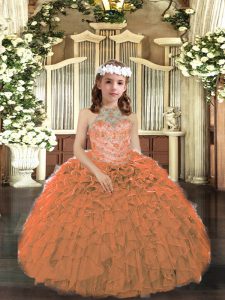 Beauteous Halter Top Sleeveless Lace Up Little Girl Pageant Dress Orange Tulle