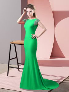 Wonderful Elastic Woven Satin High-neck Short Sleeves Brush Train Backless Beading Prom Dress in Green