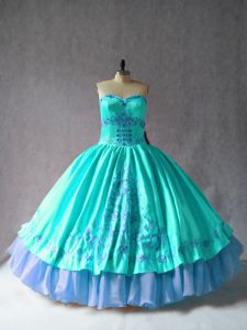 High Quality Embroidery Quinceanera Dress Aqua Blue Lace Up Sleeveless Floor Length