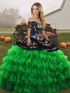 Modest Organza Sleeveless Floor Length Vestidos de Quinceanera and Embroidery and Ruffled Layers