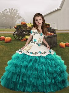 Hot Sale Teal Ball Gowns Embroidery and Ruffled Layers Kids Pageant Dress Lace Up Organza Sleeveless Floor Length