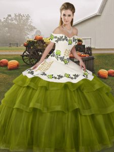 Graceful Off The Shoulder Sleeveless Brush Train Lace Up Quinceanera Dresses Olive Green Tulle
