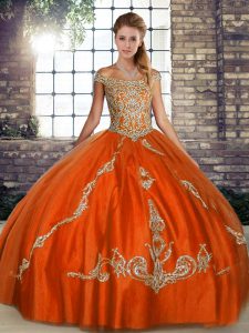 Noble Off The Shoulder Sleeveless Lace Up Ball Gown Prom Dress Orange Red Tulle