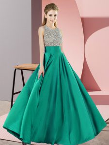 Fine Turquoise Empire Scoop Sleeveless Elastic Woven Satin Floor Length Backless Beading Evening Dress