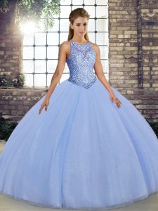 Colorful Lavender Scoop Lace Up Embroidery Ball Gown Prom Dress Sleeveless