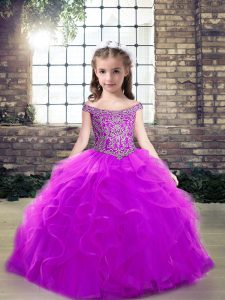 Purple Lace Up Pageant Gowns For Girls Beading and Ruffles Sleeveless Floor Length