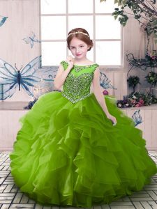 Luxurious Floor Length Zipper Little Girls Pageant Gowns Green for Party and Sweet 16 and Wedding Party with Beading