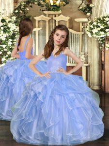 Straps Sleeveless Kids Pageant Dress Floor Length Ruffles Blue Organza