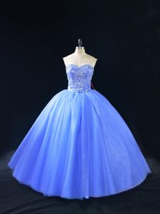 Blue Ball Gowns Beading Quinceanera Gowns Lace Up Tulle Sleeveless Floor Length