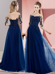 Half Sleeves Floor Length Beading and Lace Lace Up Bridesmaids Dress with Navy Blue