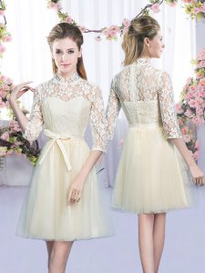 Romantic Mini Length Empire Half Sleeves Champagne Bridesmaid Gown Lace Up