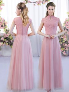 Romantic Pink Cap Sleeves Lace Floor Length Wedding Party Dress