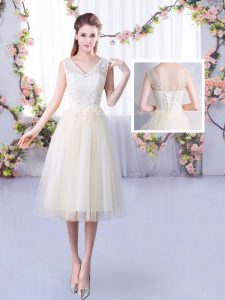 Dynamic Tea Length Lace Up Bridesmaid Dresses Champagne for Wedding Party with Lace