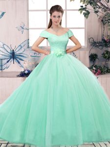 Apple Green Short Sleeves Lace and Hand Made Flower Floor Length Ball Gown Prom Dress