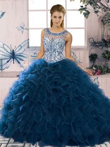 Navy Blue Sleeveless Beading and Ruffles Floor Length Sweet 16 Quinceanera Dress