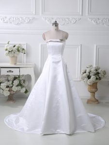 White A-line Satin Strapless Sleeveless Ruching Lace Up Evening Dress Court Train