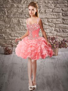 Captivating Watermelon Red Organza Lace Up Runway Inspired Dress Sleeveless Mini Length Beading and Ruffled Layers