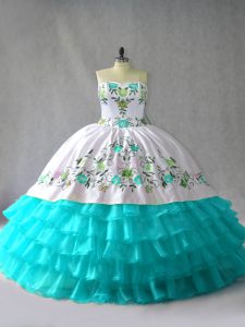 Sweet Sleeveless Organza Floor Length Lace Up Sweet 16 Dress in Blue And White with Embroidery and Ruffled Layers