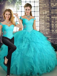 Aqua Blue Two Pieces Off The Shoulder Sleeveless Tulle Floor Length Lace Up Beading and Ruffles Sweet 16 Dresses