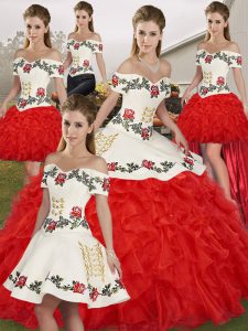White And Red Ball Gown Prom Dress Military Ball and Sweet 16 and Quinceanera with Embroidery and Ruffles Off The Shoulder Sleeveless Lace Up