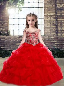 Off The Shoulder Sleeveless Lace Up Pageant Gowns For Girls Red Organza and Tulle