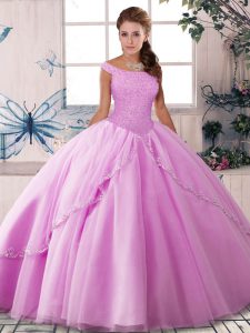 Free and Easy Lilac Sleeveless Tulle Brush Train Lace Up Quinceanera Dresses for Military Ball and Sweet 16 and Quinceanera