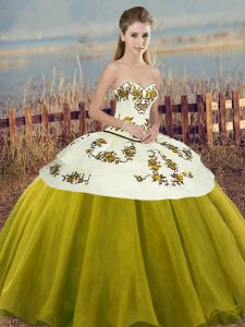 New Style Floor Length Olive Green Quinceanera Dress Tulle Sleeveless Embroidery and Bowknot