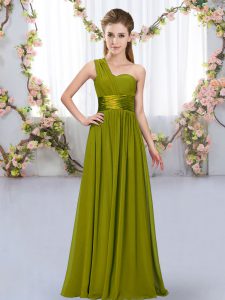Decent Olive Green Empire Chiffon One Shoulder Sleeveless Belt Floor Length Lace Up Bridesmaids Dress