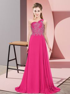Chiffon One Shoulder Sleeveless Side Zipper Beading Evening Dress in Hot Pink