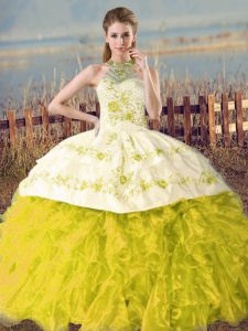 Yellow Green and Yellow Sleeveless Organza Court Train Lace Up Quinceanera Gowns for Sweet 16 and Quinceanera