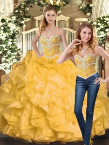 Perfect Gold Ball Gowns Organza Sweetheart Sleeveless Beading and Ruffles Floor Length Lace Up Quinceanera Dress