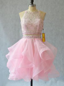 Mini Length Baby Pink Prom Dress Tulle Sleeveless Beading and Ruffles