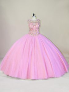 Pink Sweet 16 Quinceanera Dress Sweet 16 and Quinceanera with Beading Scoop Sleeveless Lace Up