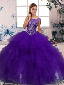 Custom Design Purple Zipper Scoop Beading and Ruffles Quinceanera Dresses Organza Sleeveless