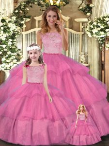Sleeveless Tulle Floor Length Zipper Sweet 16 Quinceanera Dress in Hot Pink with Lace and Ruffled Layers