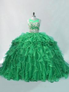 Green Sleeveless Organza Brush Train Quinceanera Gown for Sweet 16 and Quinceanera