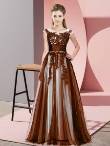 Perfect Sleeveless Floor Length Beading and Lace Zipper Dama Dress with Brown