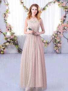 Sleeveless Tulle Floor Length Side Zipper Wedding Party Dress in Pink with Lace and Belt