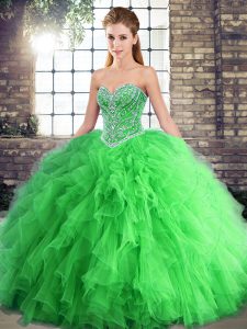 Green Ball Gowns Beading and Ruffles 15 Quinceanera Dress Lace Up Tulle Sleeveless Floor Length