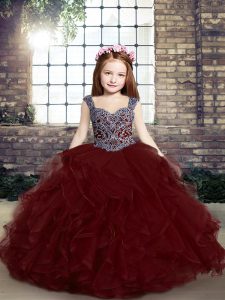 Burgundy Lace Up Straps Beading and Ruffles Little Girl Pageant Gowns Tulle Sleeveless