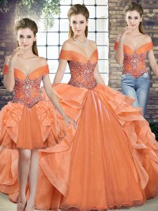 Off The Shoulder Sleeveless Lace Up Sweet 16 Dress Orange Organza