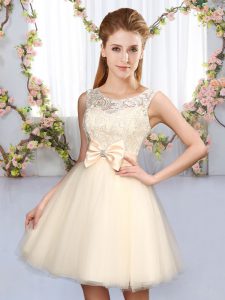 Champagne Sleeveless Mini Length Lace and Bowknot Lace Up Bridesmaids Dress
