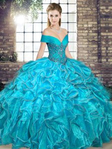 Aqua Blue Organza Lace Up Off The Shoulder Sleeveless Floor Length 15th Birthday Dress Beading and Ruffles