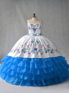 Suitable Blue And White Lace Up Ball Gown Prom Dress Embroidery and Ruffled Layers Sleeveless Floor Length