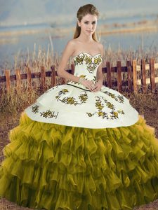 Organza Sweetheart Sleeveless Lace Up Embroidery and Ruffled Layers and Bowknot Sweet 16 Dress in Olive Green