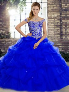 Trendy Royal Blue Tulle Lace Up Off The Shoulder Sleeveless Quinceanera Dresses Brush Train Beading and Pick Ups