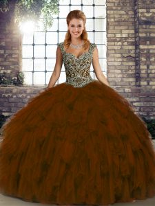 Brown Lace Up Quinceanera Gown Beading and Ruffles Sleeveless Floor Length