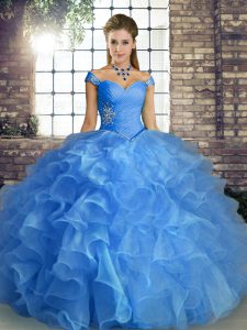 Blue Ball Gowns Off The Shoulder Sleeveless Organza Floor Length Lace Up Beading and Ruffles Quince Ball Gowns